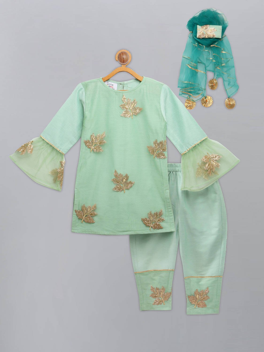 LEAF EMBROIDERED KURTA PANTS WITH EMBROIDERED NET DUPATTA