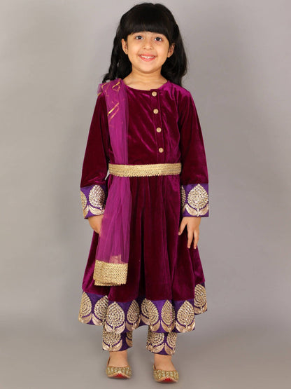 PURPLE VELVET EMBROIDERED ANARKALI PANTS WITH NET DUPATTA