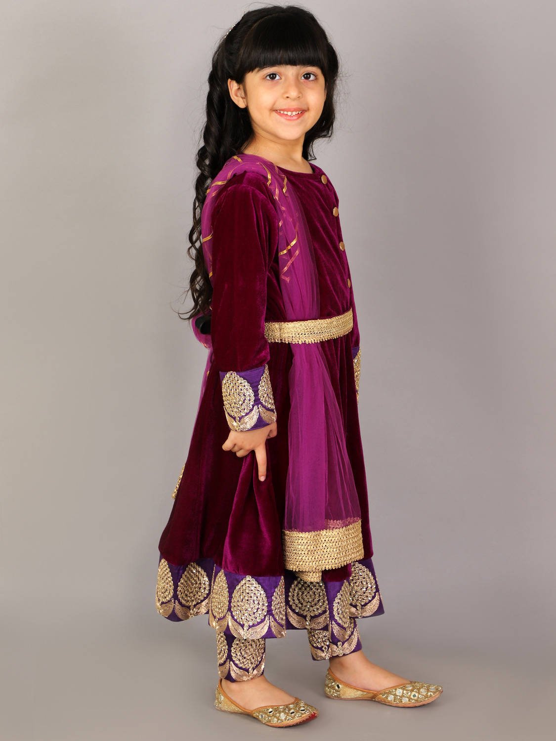 PURPLE VELVET EMBROIDERED ANARKALI PANTS WITH NET DUPATTA