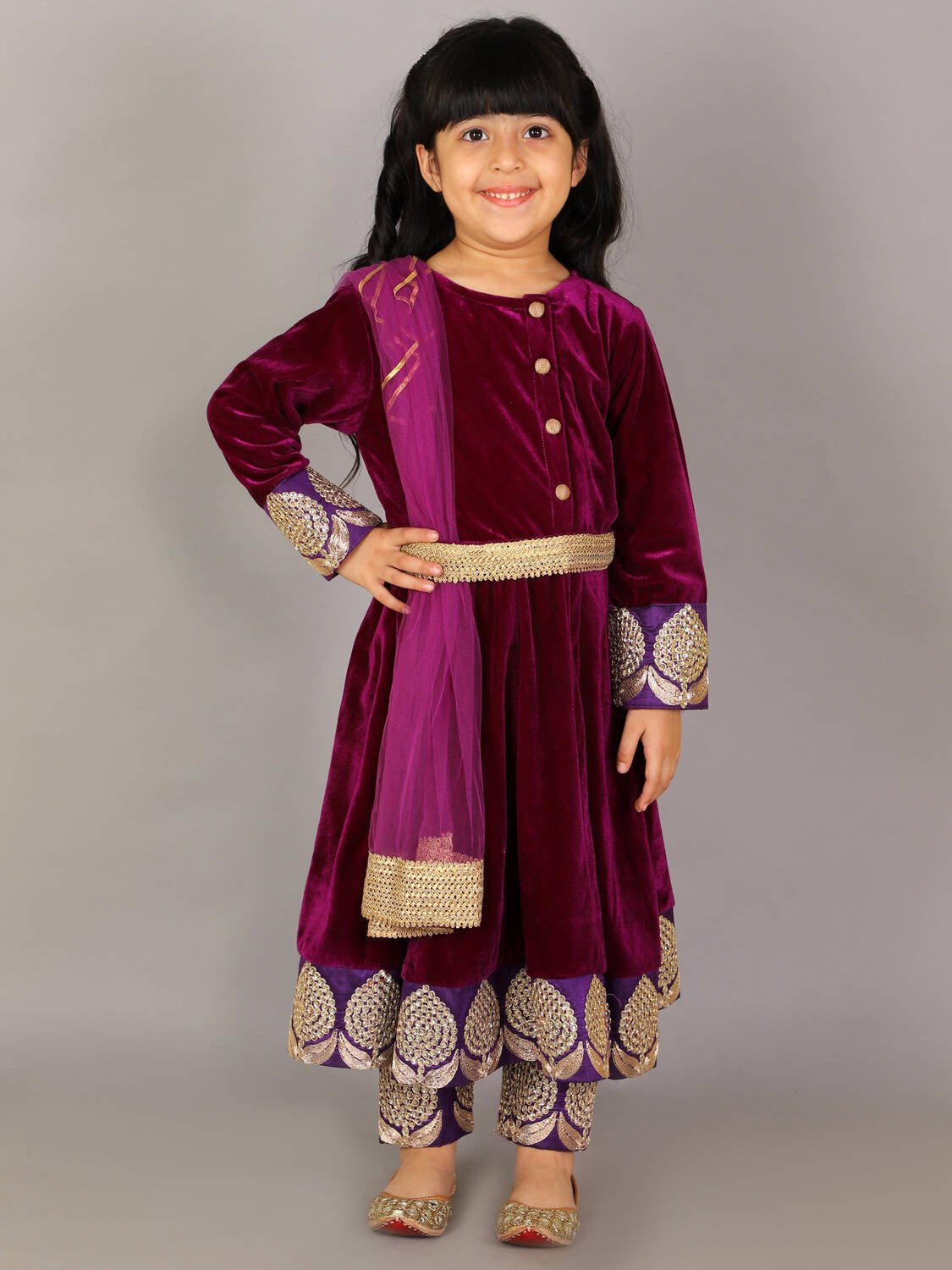 PURPLE VELVET EMBROIDERED ANARKALI PANTS WITH NET DUPATTA