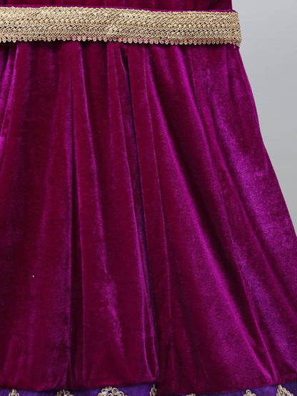 PURPLE VELVET EMBROIDERED ANARKALI PANTS WITH NET DUPATTA