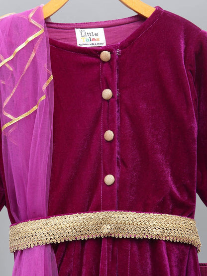 PURPLE VELVET EMBROIDERED ANARKALI PANTS WITH NET DUPATTA