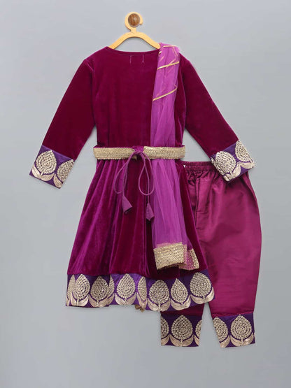 PURPLE VELVET EMBROIDERED ANARKALI PANTS WITH NET DUPATTA