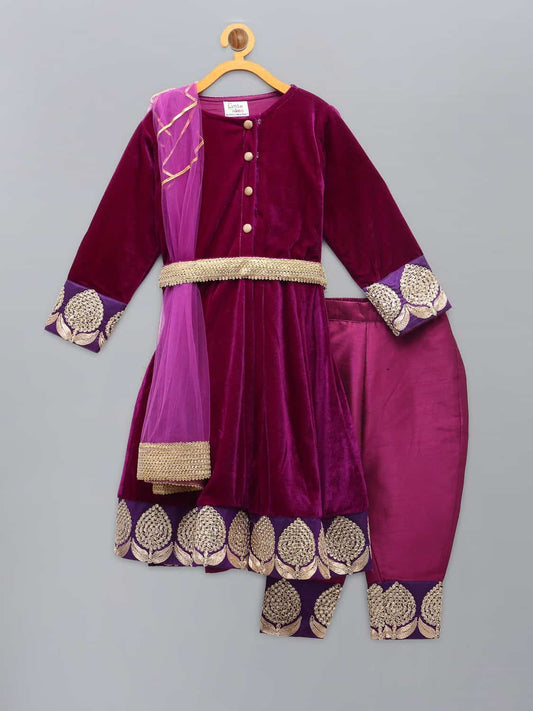 PURPLE VELVET EMBROIDERED ANARKALI PANTS WITH NET DUPATTA