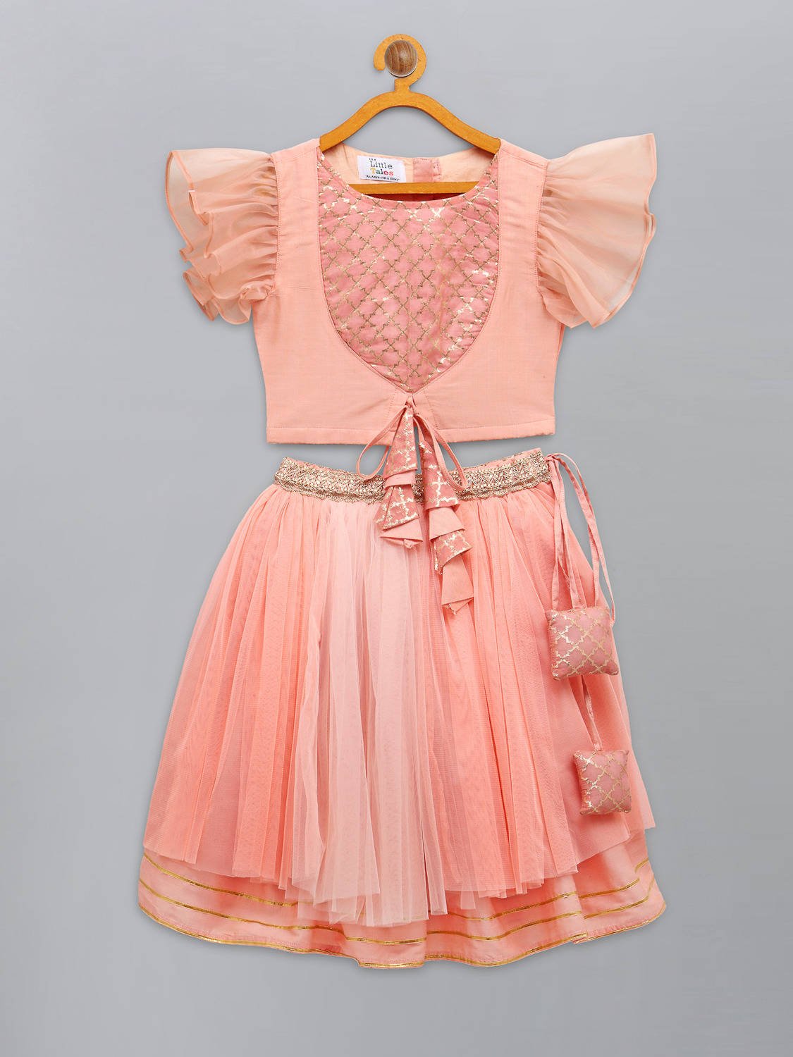 PEACH FRILLY TOP WITH DOUBLE LAYERED NET LEHENGA