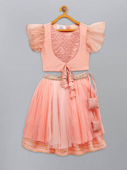 PEACH FRILLY TOP WITH DOUBLE LAYERED NET LEHENGA