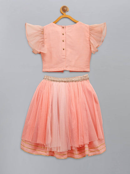 PEACH FRILLY TOP WITH DOUBLE LAYERED NET LEHENGA