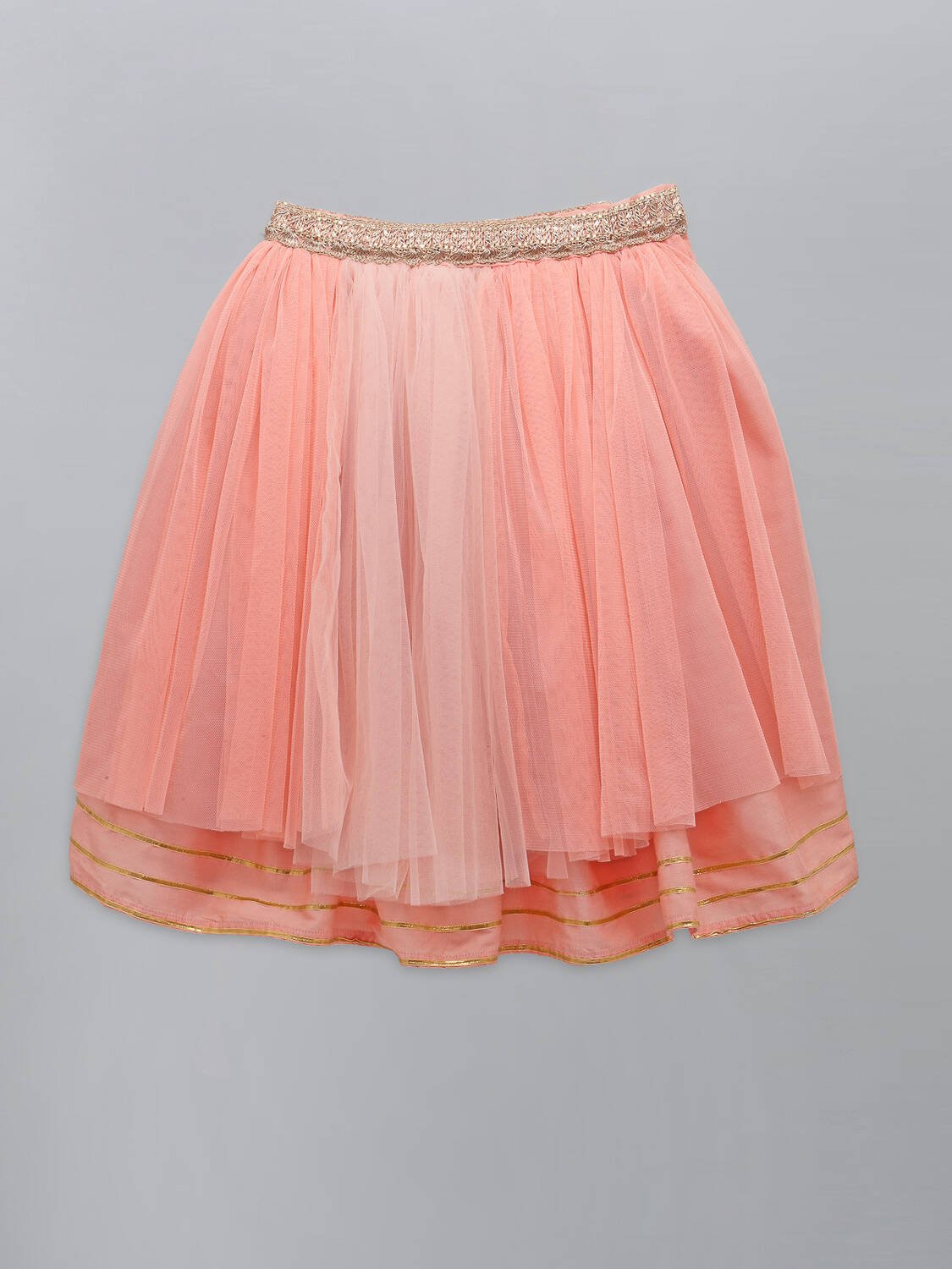 PEACH FRILLY TOP WITH DOUBLE LAYERED NET LEHENGA