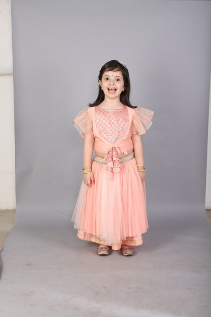 PEACH FRILLY TOP WITH DOUBLE LAYERED NET LEHENGA