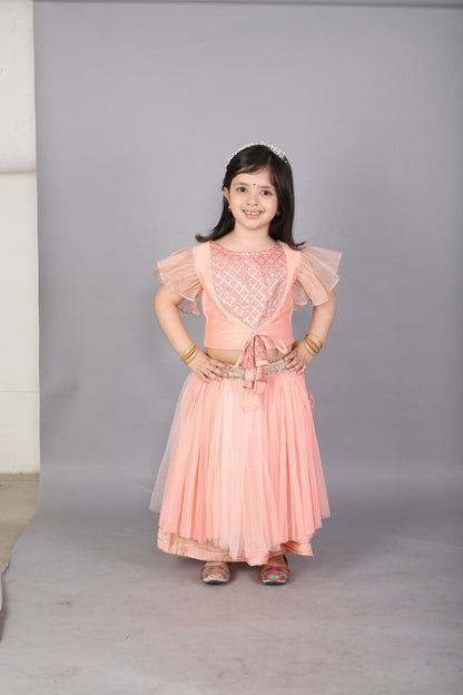 PEACH FRILLY TOP WITH DOUBLE LAYERED NET LEHENGA