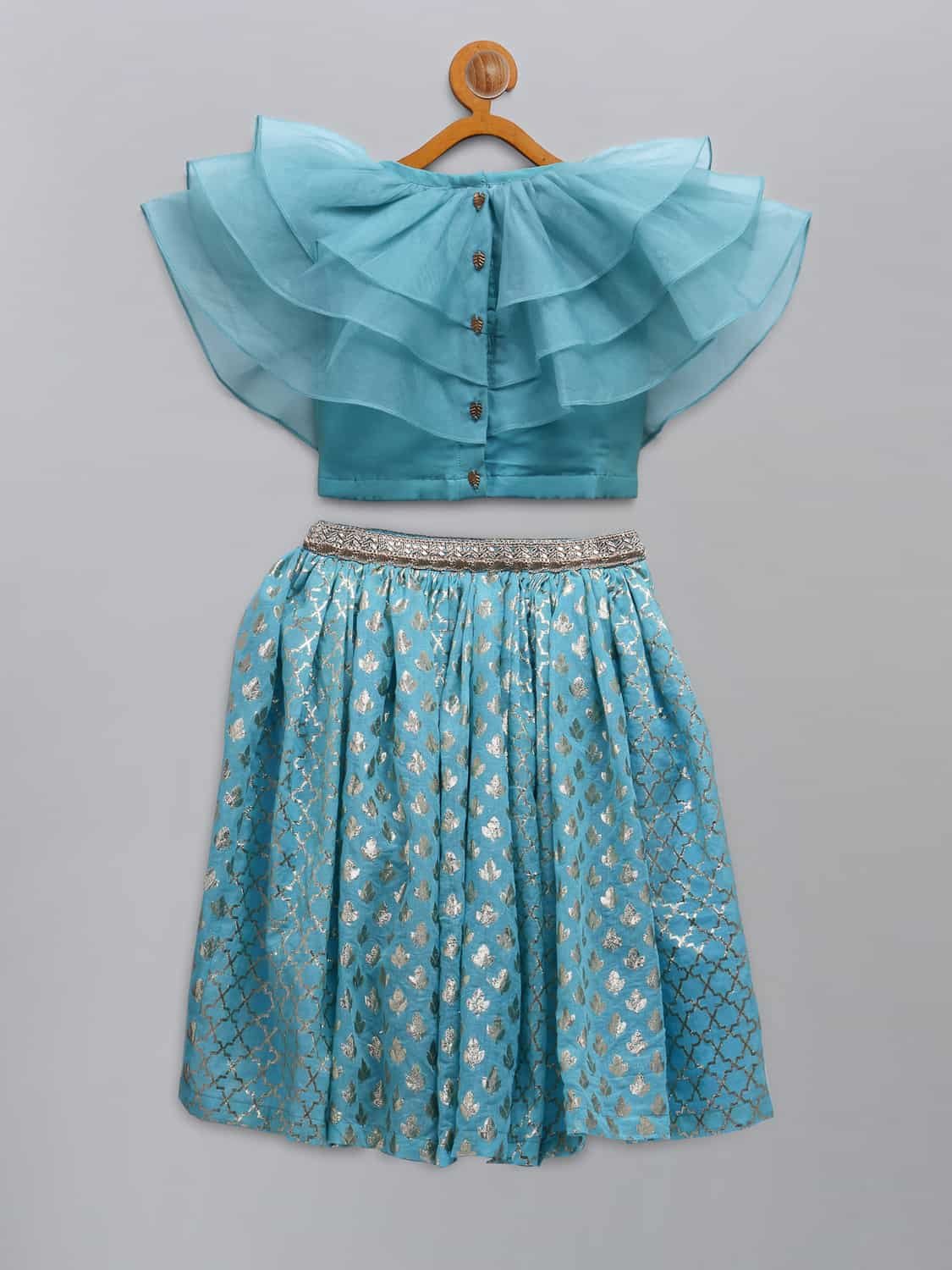 BLUE ORGANZA RUFFLED BLOUSE WITH COTTON ZARI LEHENGA