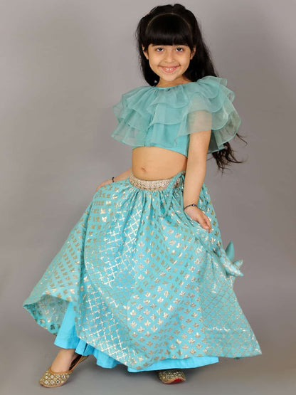 BLUE ORGANZA RUFFLED BLOUSE WITH COTTON ZARI LEHENGA