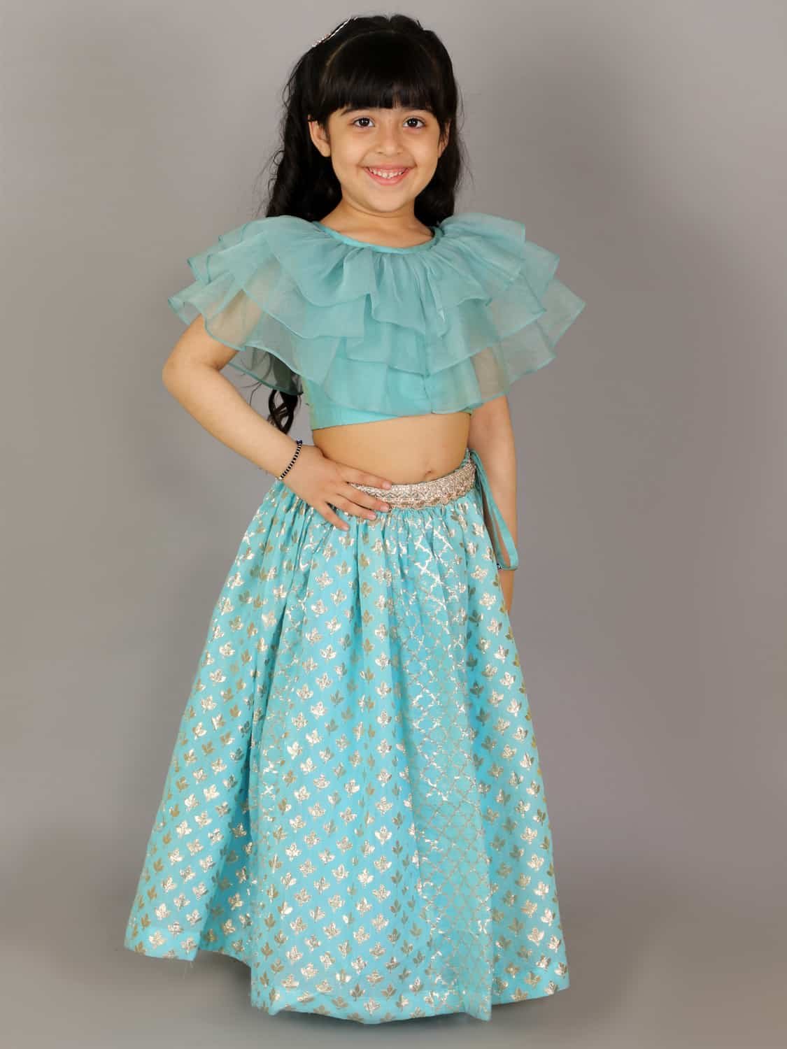 BLUE ORGANZA RUFFLED BLOUSE WITH COTTON ZARI LEHENGA