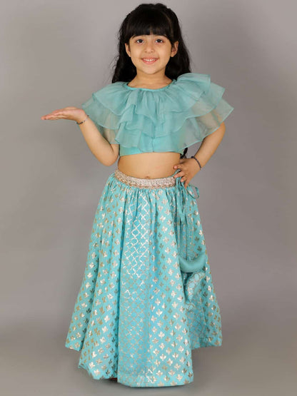 BLUE ORGANZA RUFFLED BLOUSE WITH COTTON ZARI LEHENGA