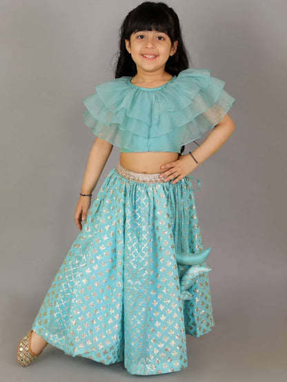 BLUE ORGANZA RUFFLED BLOUSE WITH COTTON ZARI LEHENGA