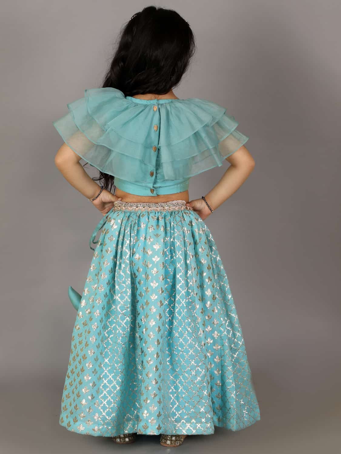 BLUE ORGANZA RUFFLED BLOUSE WITH COTTON ZARI LEHENGA