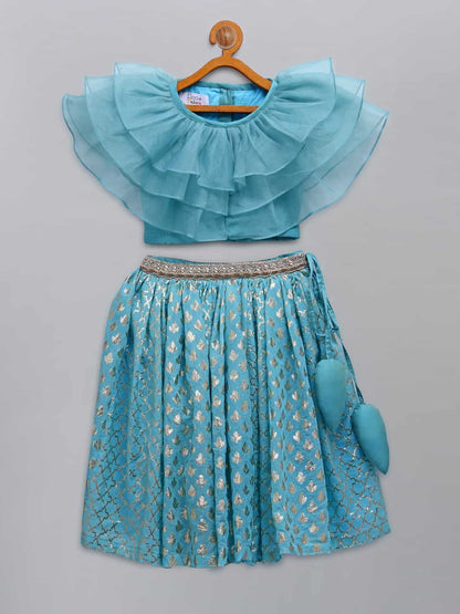 BLUE ORGANZA RUFFLED BLOUSE WITH COTTON ZARI LEHENGA