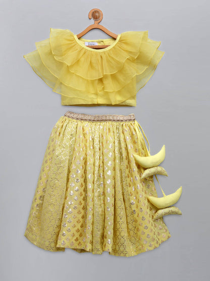 LIME YELLOW ORGANZA RUFFLED BLOUSE WITH COTTON ZARI LEHENGA