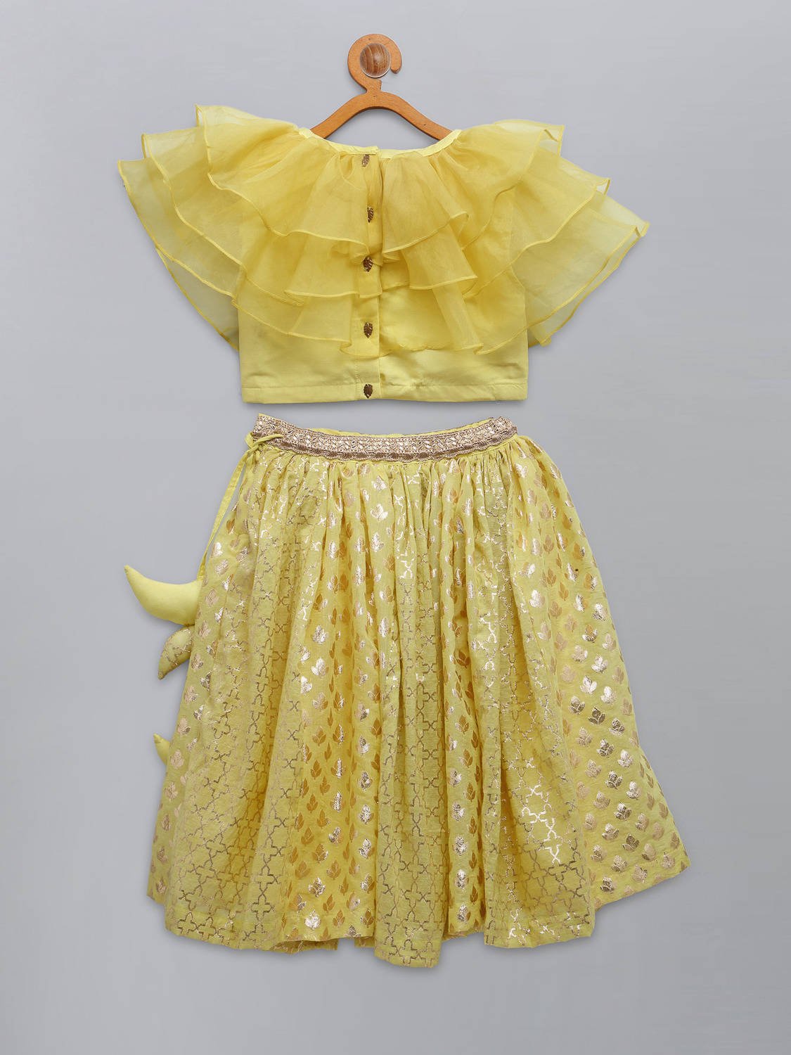 LIME YELLOW ORGANZA RUFFLED BLOUSE WITH COTTON ZARI LEHENGA