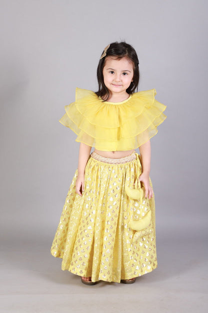 LIME YELLOW ORGANZA RUFFLED BLOUSE WITH COTTON ZARI LEHENGA