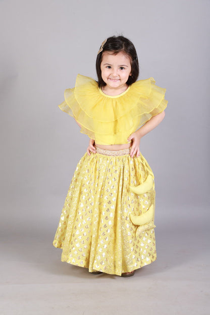 LIME YELLOW ORGANZA RUFFLED BLOUSE WITH COTTON ZARI LEHENGA