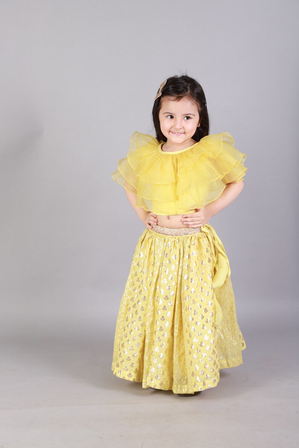 LIME YELLOW ORGANZA RUFFLED BLOUSE WITH COTTON ZARI LEHENGA