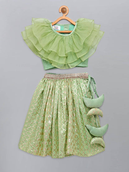 LIME GREEN  ORGANZA RUFFLED BLOUSE WITH COTTON ZARI LEHENGA