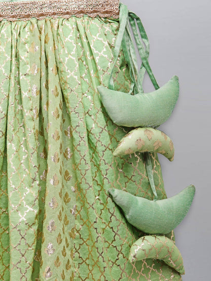 LIME GREEN  ORGANZA RUFFLED BLOUSE WITH COTTON ZARI LEHENGA