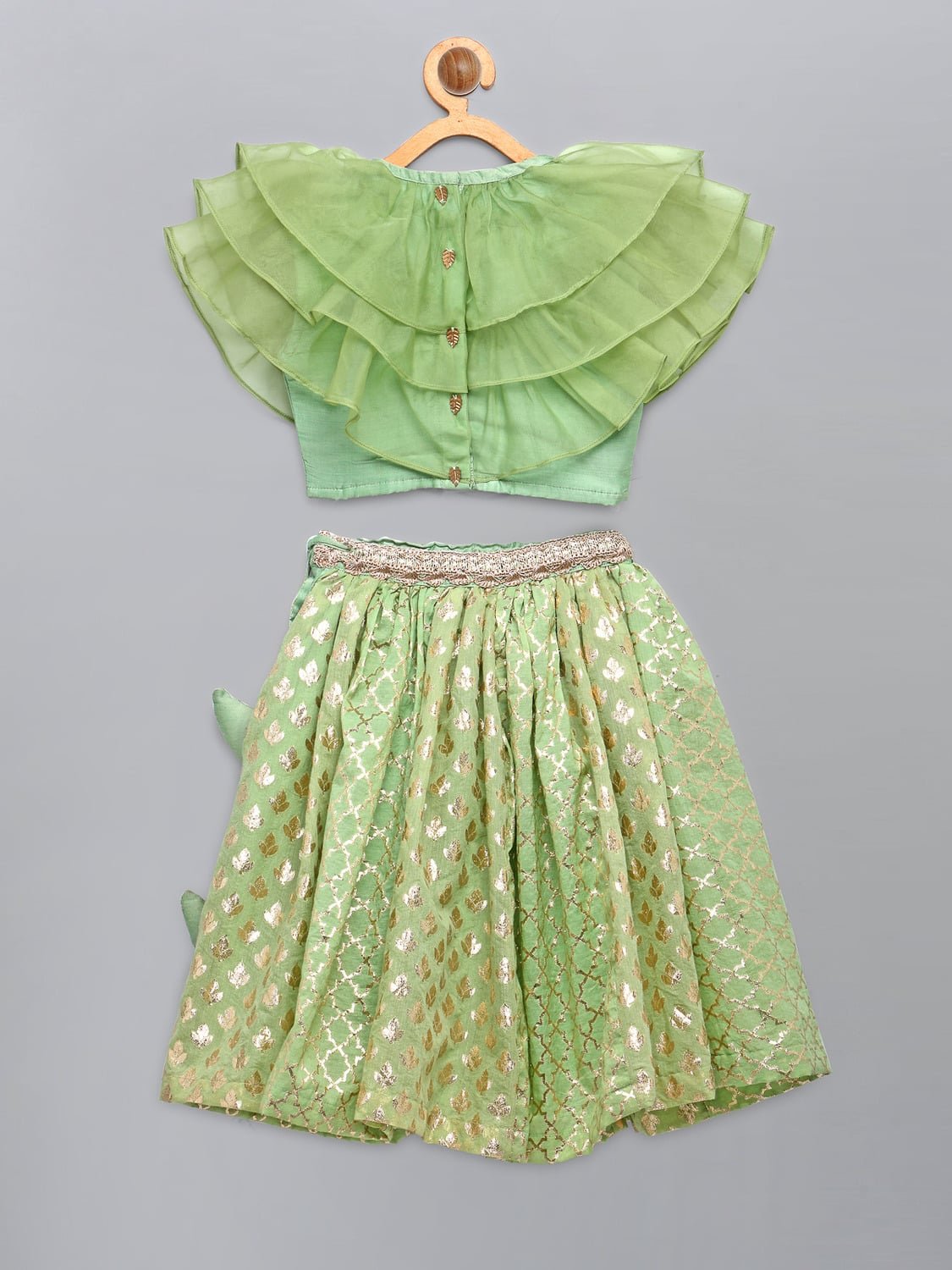 LIME GREEN  ORGANZA RUFFLED BLOUSE WITH COTTON ZARI LEHENGA