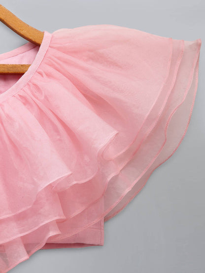 LIGHT PINK ORGANZA RUFFLED BLOUSE WITH COTTON ZARI LEHENGA