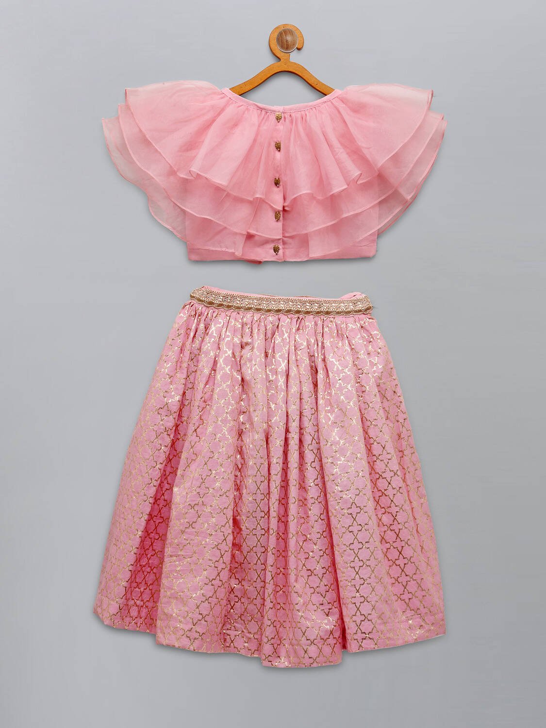 LIGHT PINK ORGANZA RUFFLED BLOUSE WITH COTTON ZARI LEHENGA