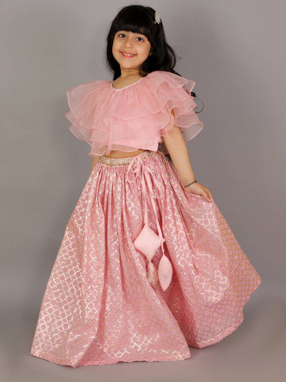 LIGHT PINK ORGANZA RUFFLED BLOUSE WITH COTTON ZARI LEHENGA