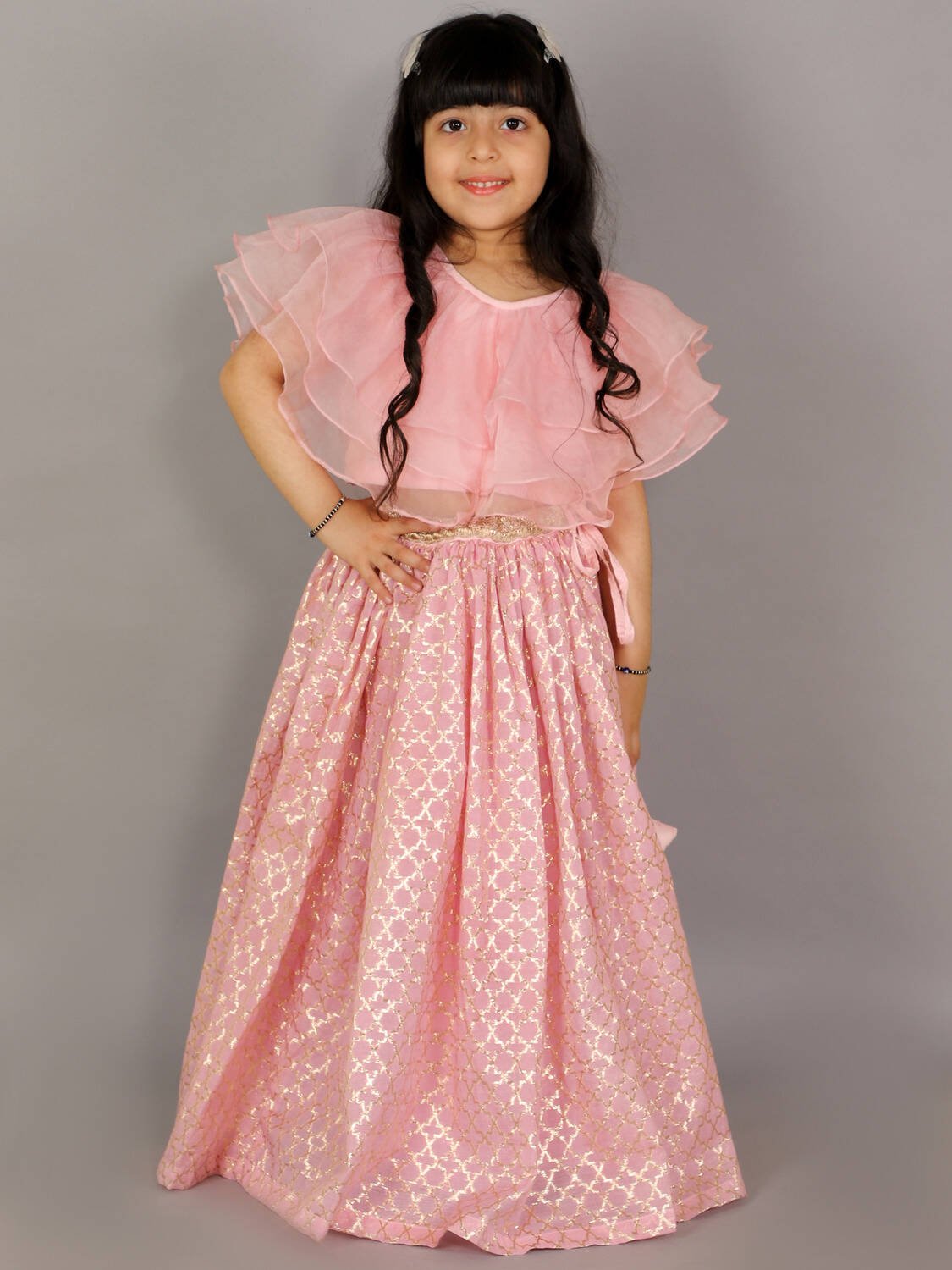 LIGHT PINK ORGANZA RUFFLED BLOUSE WITH COTTON ZARI LEHENGA