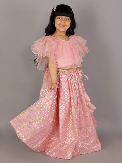 LIGHT PINK ORGANZA RUFFLED BLOUSE WITH COTTON ZARI LEHENGA