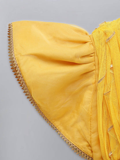 MUSTARD BLOUSE WITH ATTACHED NET DUPATTA AND DOUBLE LAYERED LEHENGA