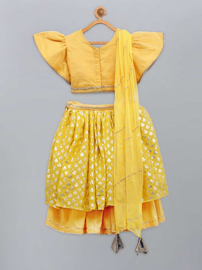 MUSTARD BLOUSE WITH ATTACHED NET DUPATTA AND DOUBLE LAYERED LEHENGA