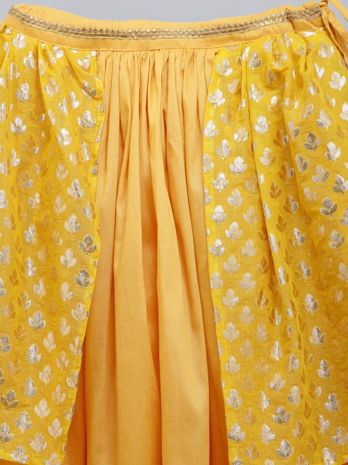 MUSTARD BLOUSE WITH ATTACHED NET DUPATTA AND DOUBLE LAYERED LEHENGA