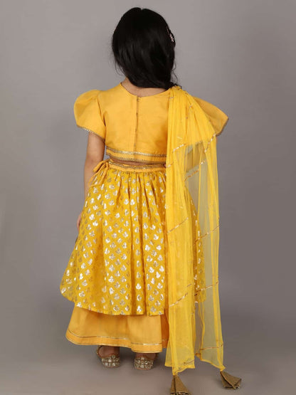 MUSTARD BLOUSE WITH ATTACHED NET DUPATTA AND DOUBLE LAYERED LEHENGA