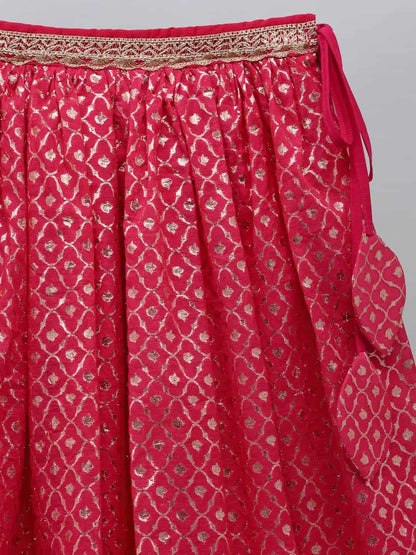 FUSCHIA PINK RUFFLED BLOUSE WITH COTTON ZARI LEHENGA