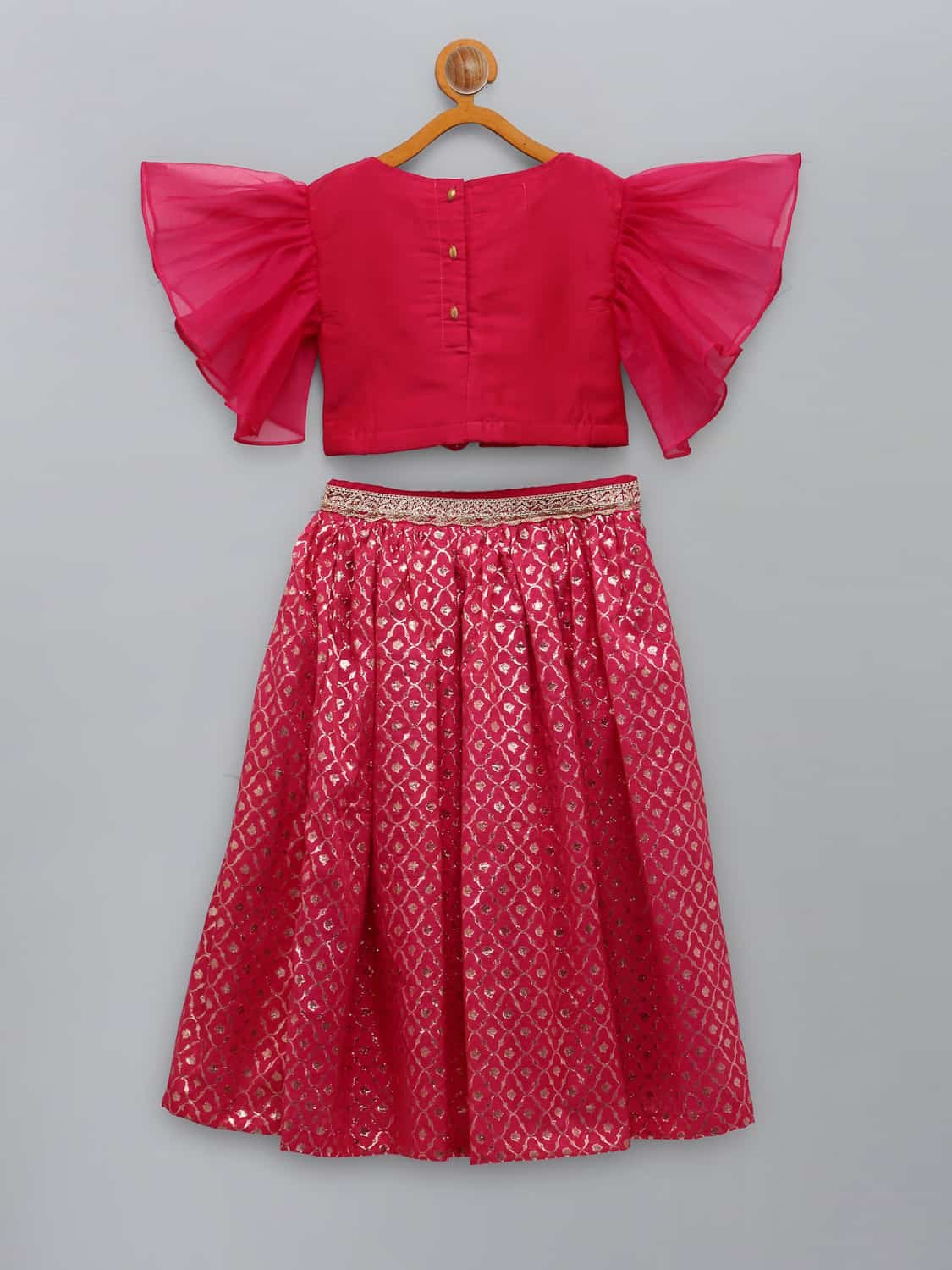 FUSCHIA PINK RUFFLED BLOUSE WITH COTTON ZARI LEHENGA