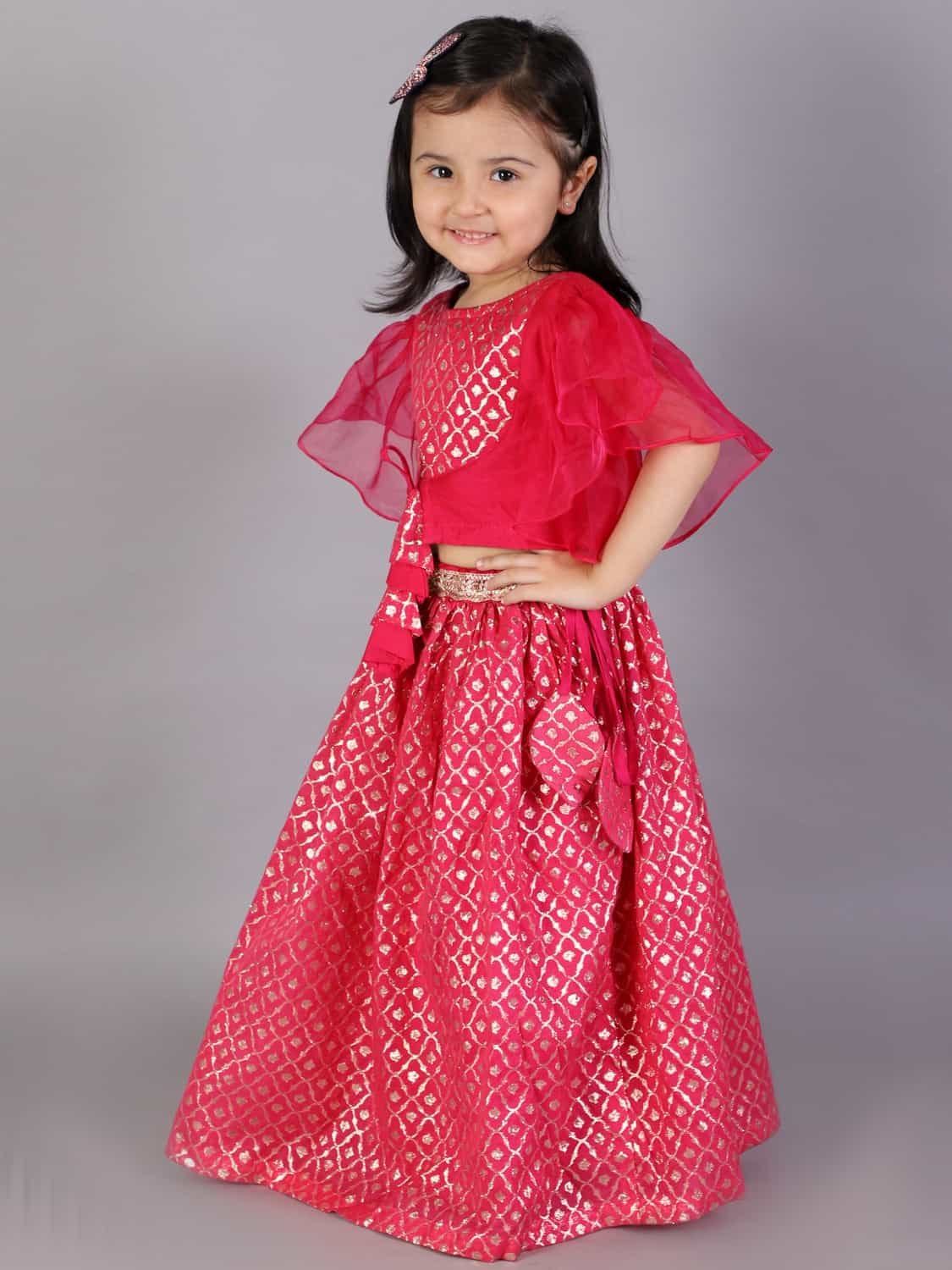 FUSCHIA PINK RUFFLED BLOUSE WITH COTTON ZARI LEHENGA