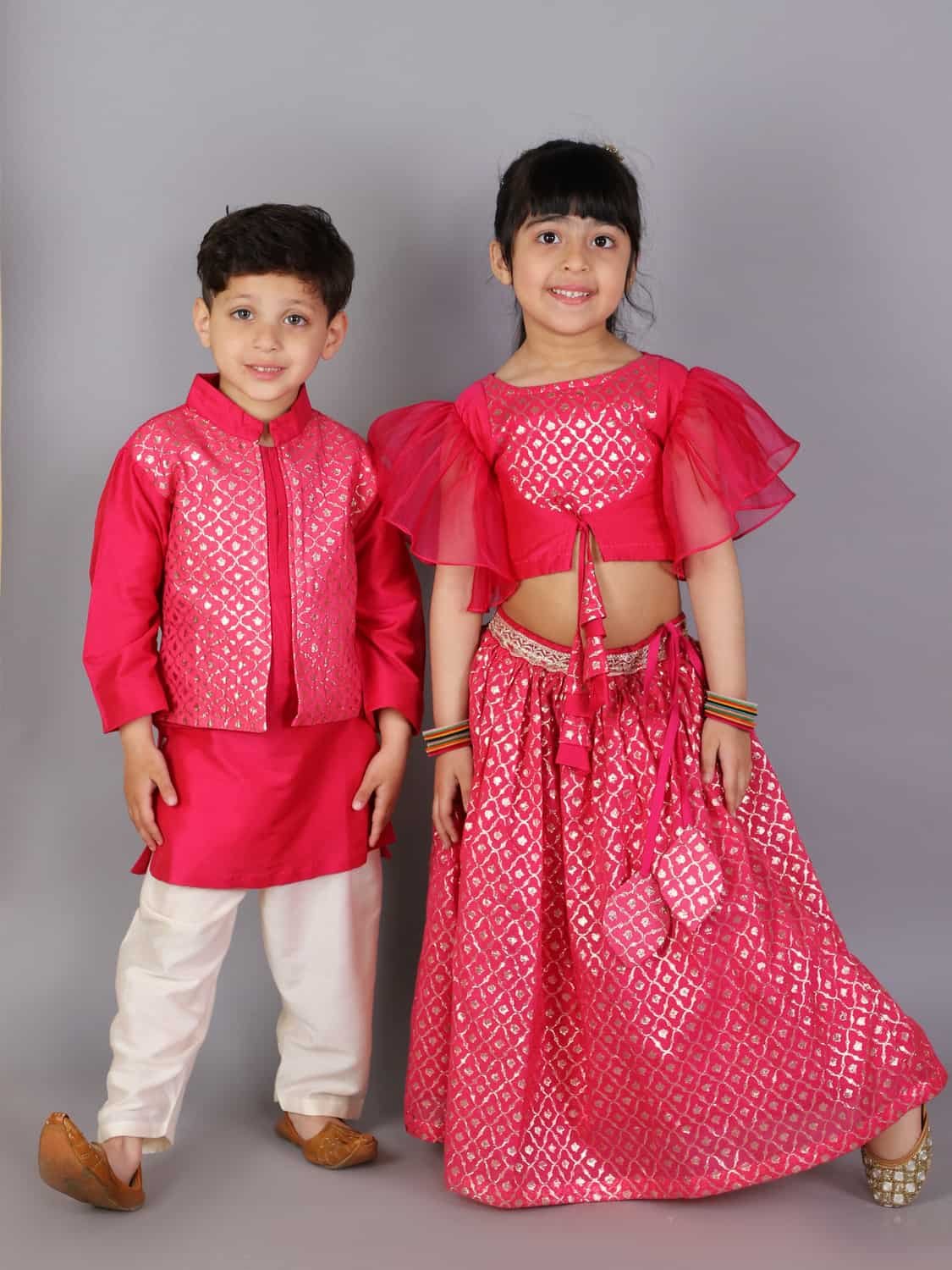 FUSCHIA PINK RUFFLED BLOUSE WITH COTTON ZARI LEHENGA