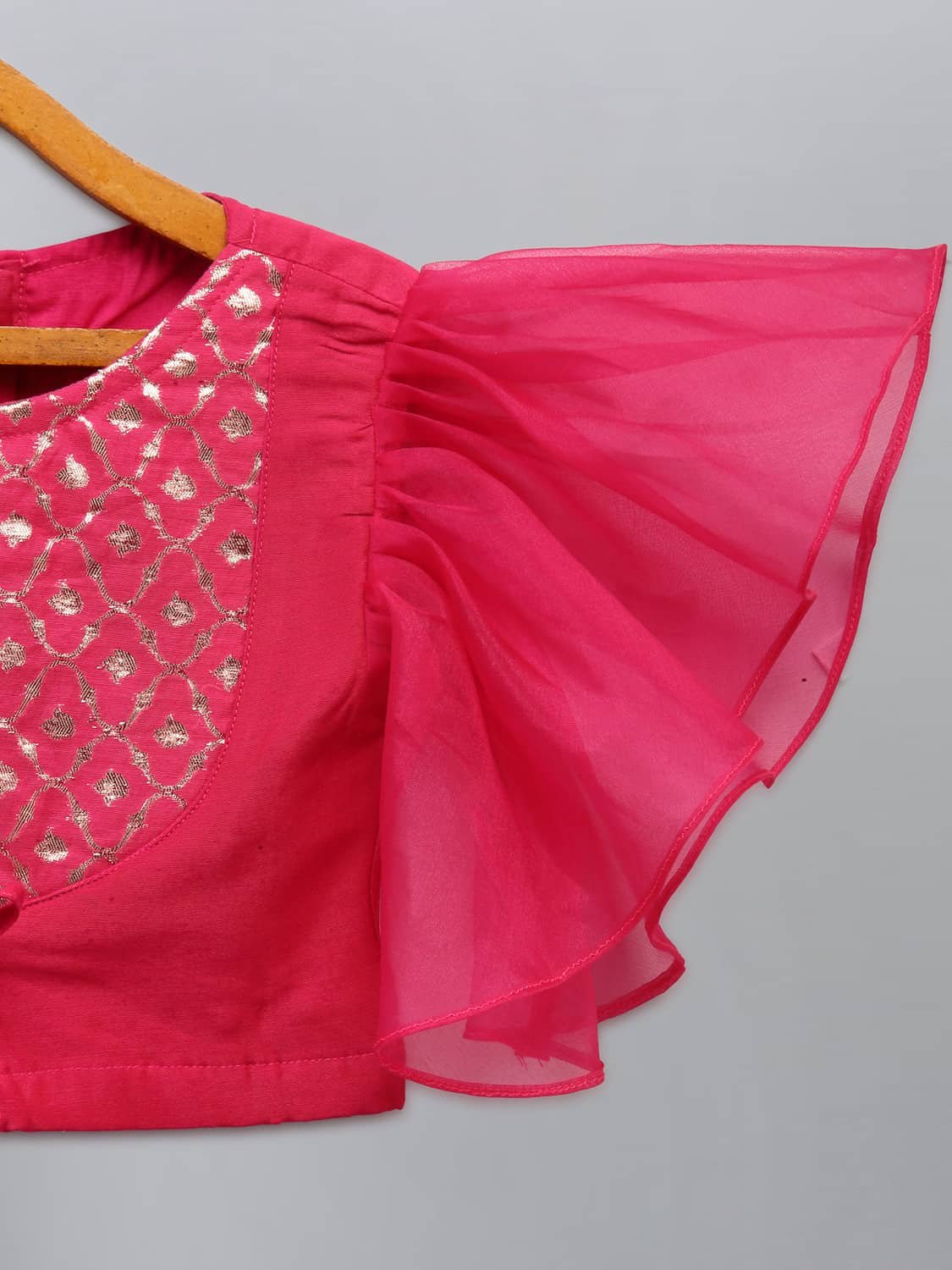 FUSCHIA PINK RUFFLED BLOUSE WITH COTTON ZARI LEHENGA