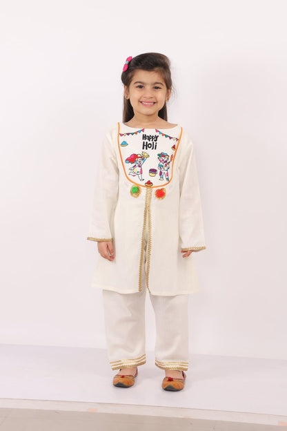 HAPPY HOLI YOKE EMBROIDERED KURTA PYJAMA