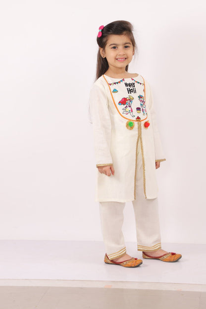 HAPPY HOLI YOKE EMBROIDERED KURTA PYJAMA