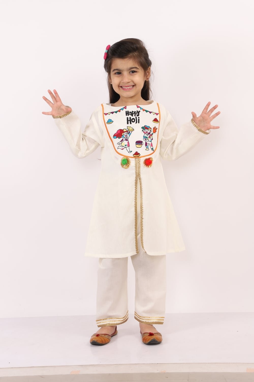 HAPPY HOLI YOKE EMBROIDERED KURTA PYJAMA