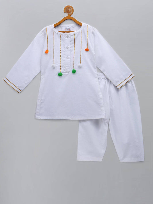 TRICOLOR POM POM GOTA FINISHING WHITE KURTA PYJAMA