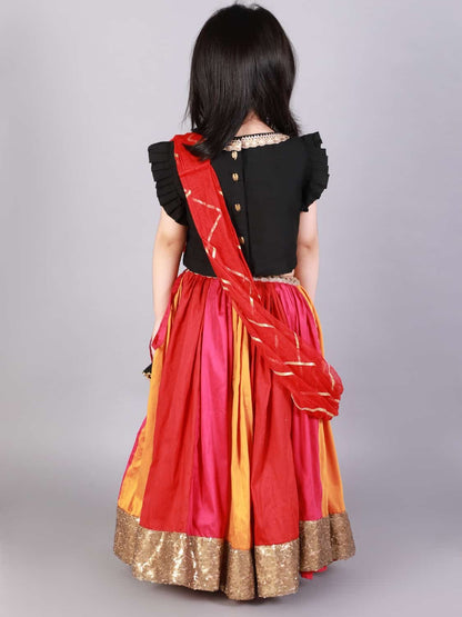 BLACK RUFFLED BLOUSE WITH MULTI COLOR LEHENGA