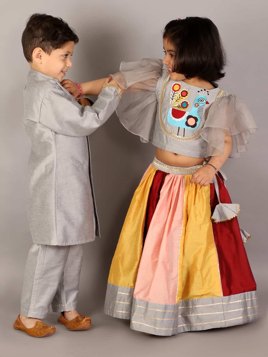 GREY EMBROIDERED BLOUSE WITH MULTICOLORED LEHENGA