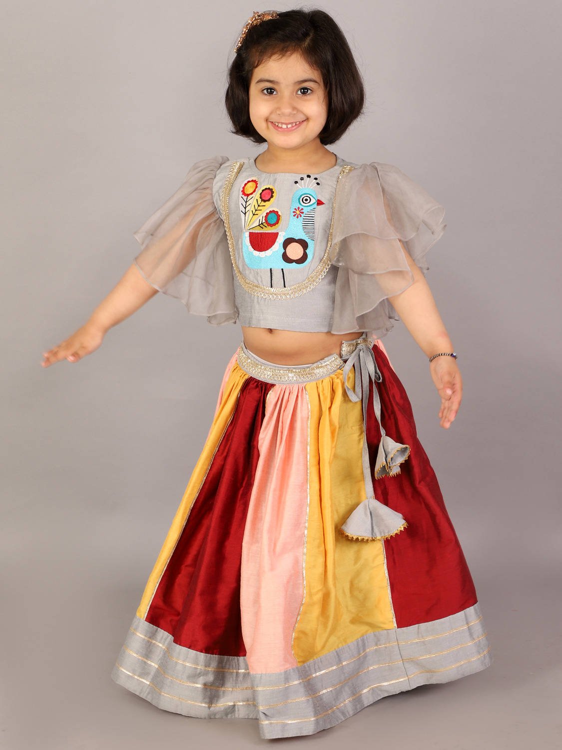 GREY EMBROIDERED BLOUSE WITH MULTICOLORED LEHENGA